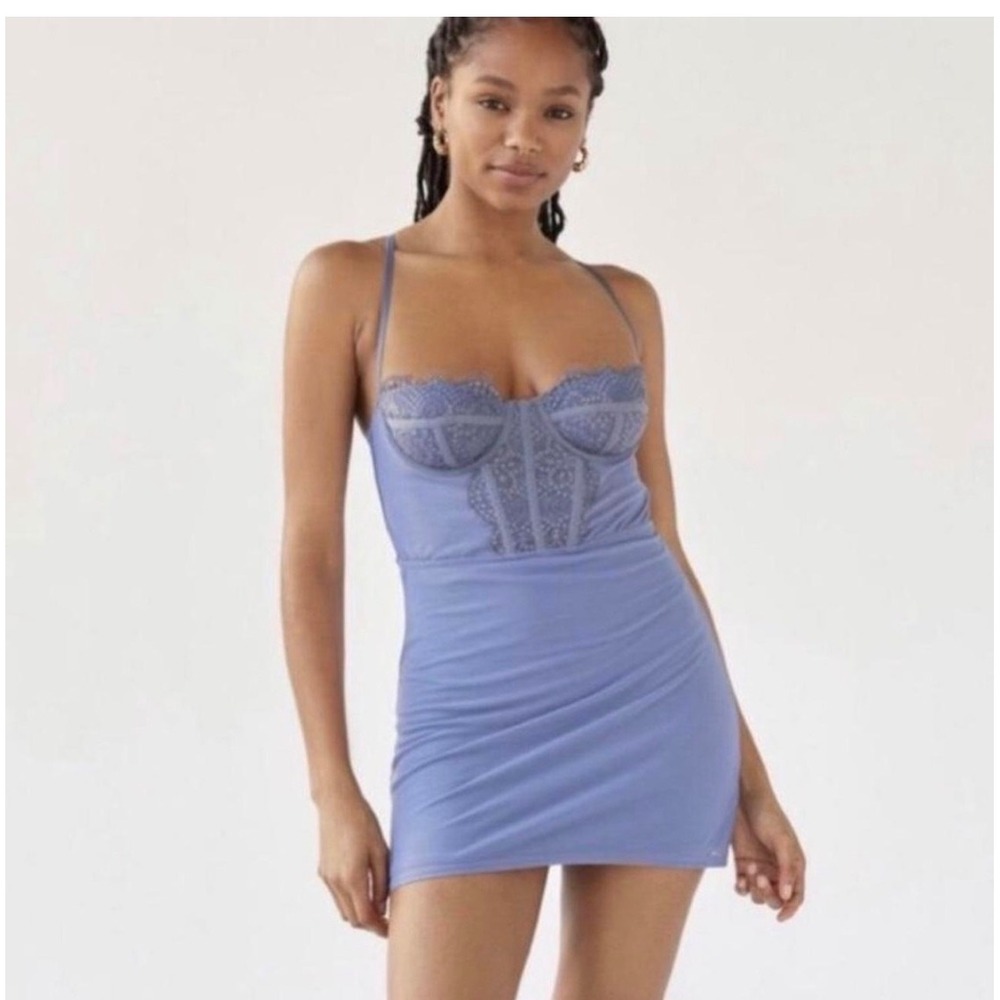 Urban Outfitters UO Blue Purple Lace Mesh Corset Mini Dress NWT Large Sleeveless